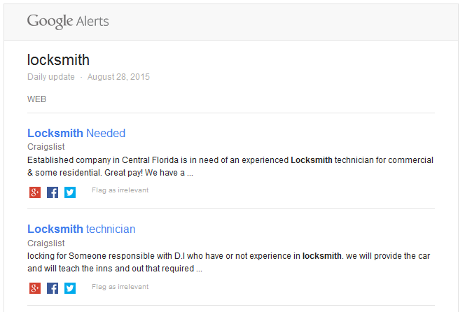 google alert locksmith settings